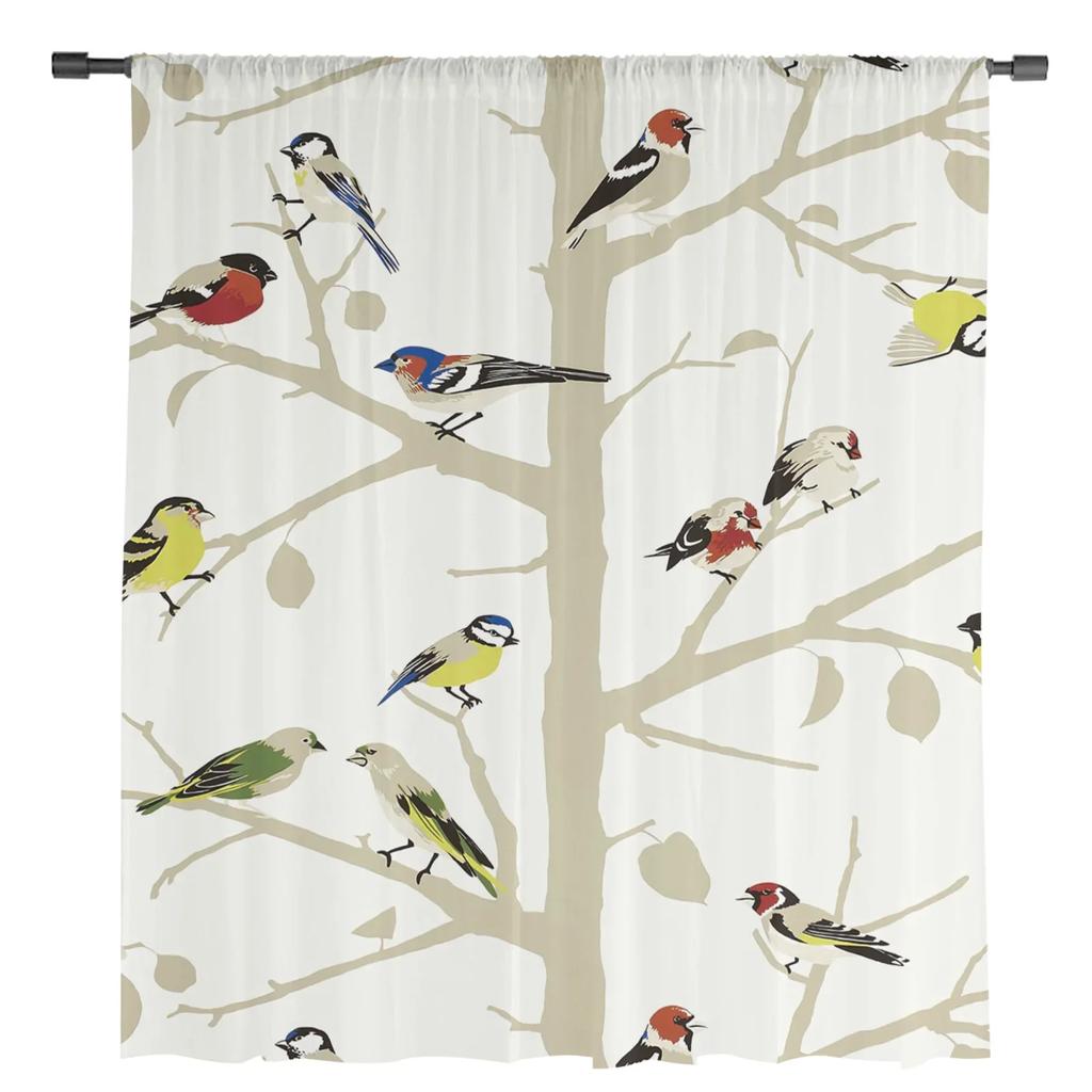 Bird Branches Sheer Curtains for Living Room Decoration Tulle Voile Organza Window Curtains for Kitchen Bedroom