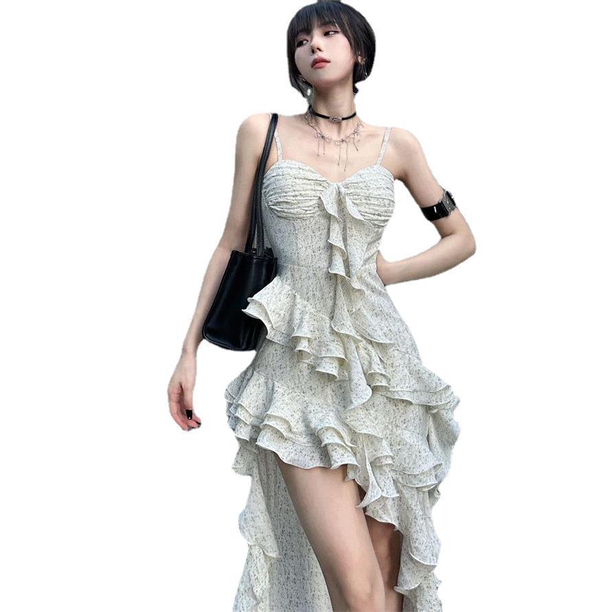 Abito a bretelle irregolare con bordo a balze in stile francese, nuovo design estivo da donna per vacanze al mare, abito lungo