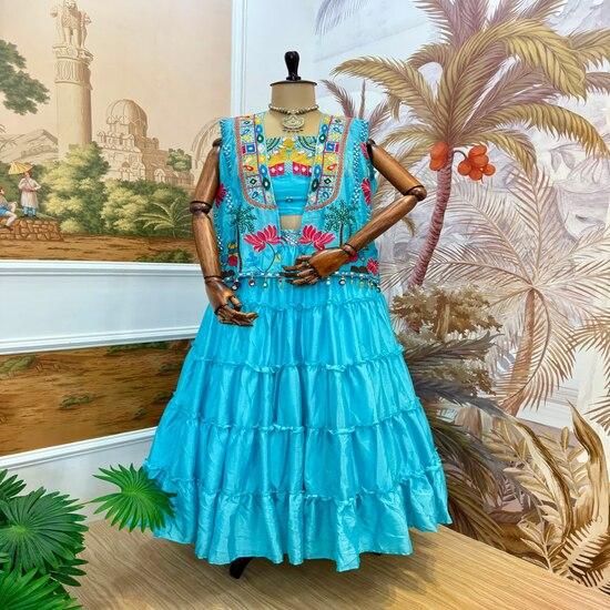 Festive Blue Tiered Skirt & Embroidered Jacket Set