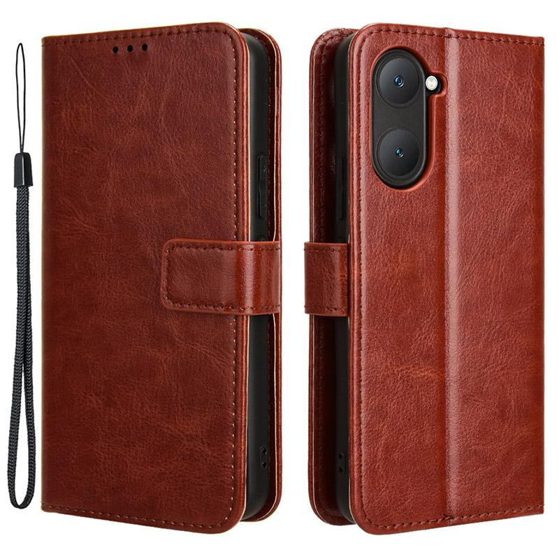 

For vivo Y28s 5G/T3 Lite 5G/Y03/Y18 4G/Y18e 4G Leather Case Crazy Horse Texture Folio Flip Wallet Phone Cover Brown