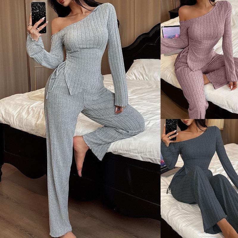 Women's Fall/Winter Fashionable and Sexy Off-the-Shoulder Asymmetrical Long-Sleeve Pajama Set with Long Pants