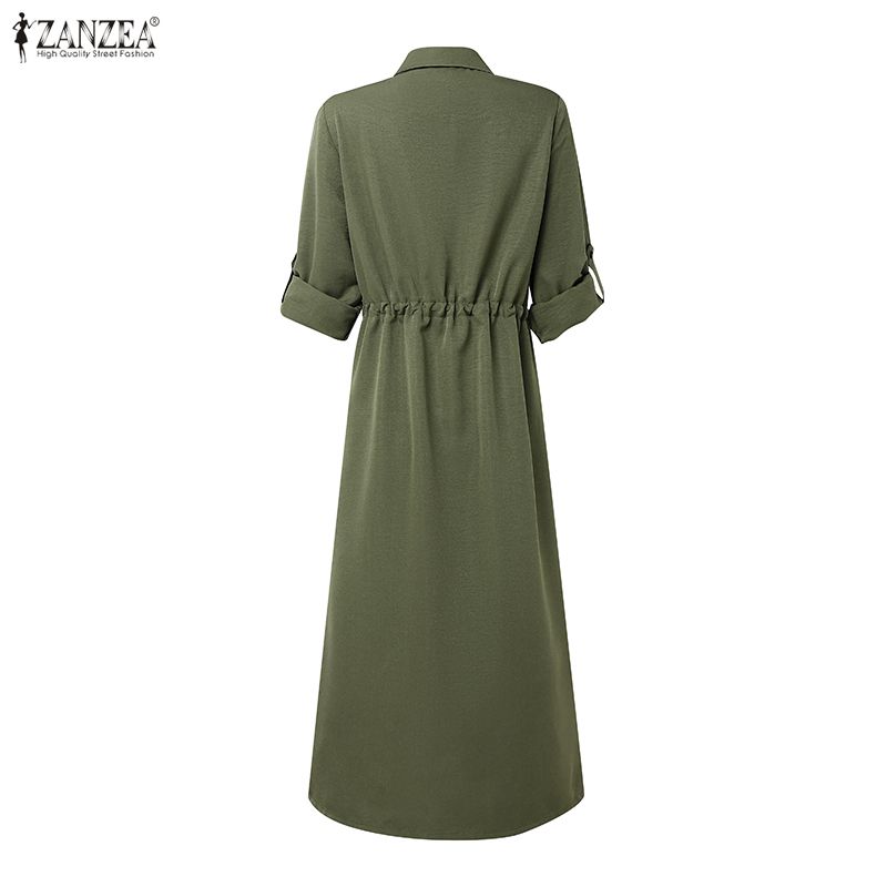 ZANZEA Damska codzienna luźna sukienka z kołnierzykiem wykładanym i rękawem 3/4