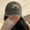 Korean-style vintage washed distressed bow baseball cap for women, new summer hat, gray American-style duckbill cap