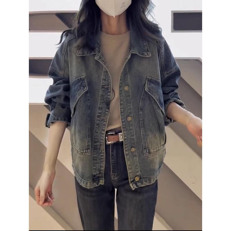 Women's Plus Size Retro Hong Kong Style Denim Jacket - Slimming Petite Fit for Spring and Autumn 2024