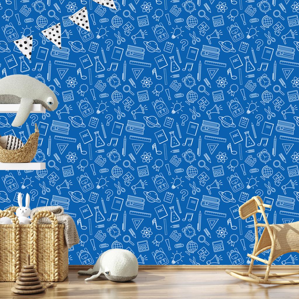 Wallpaper School Supplies Blue, Blue Background for Living Room and Bedroom 50x1000