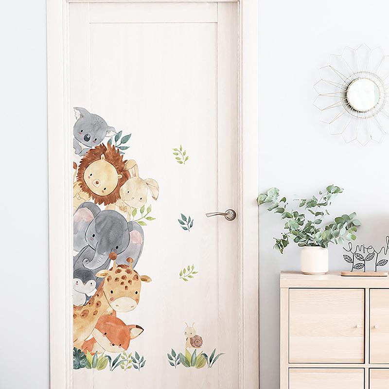 Door Stickers Cute Jungle Animals Elephant Giraffe Watercolor Wall Sticker