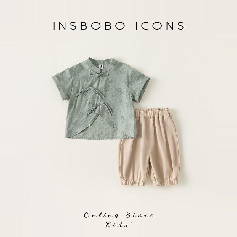 Hanfu for Boys, New 2026 Summer Birthday Outfit, Children s Hanfu, Retro New Chinese Style Children s Clothing, Tang Suit Trend Green+Beige 80 cm