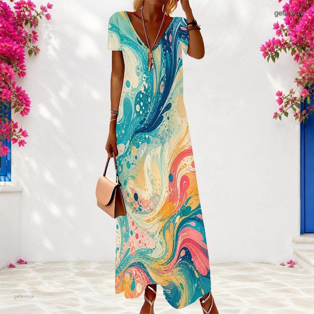 Women Plus Size V Neck Short Sleeve Gradient Printed Maxi Dress