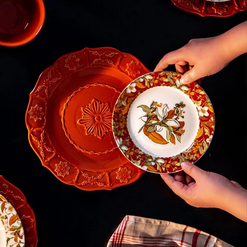 Retro Style Ceramic Plate Set High End Hotel Restaurant Steak Plate Creative Relief Exquisite Dining Plates Wedding Tableware