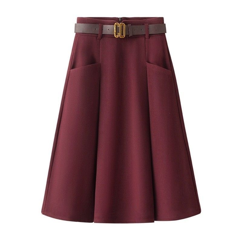 Women Fashion Woolen Mid Length Skirts Lady A-line Large Umbrella Skirt Spring Autumn Femme High Waist Pleated Maxi Skirt