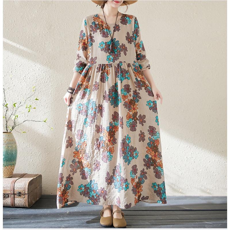 DIMANAF 2024 Rochie de primăvară mărime Plus pentru femei, rochie boemă ocazională cu imprimeu floral, rochie lejeră pentru plajă, decolteu O, verde, femeie