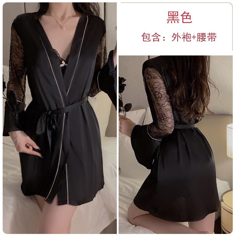 Satin Embroidered Lace Plus Chest Pad Slim Suspender Nightdress Belt Robe Women's Loungewear Set