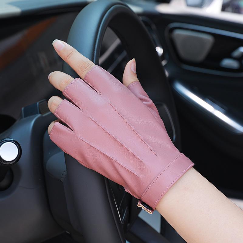 Women's Korean Style Fashion PU Leather Fingerless Gloves for Cycling, Driving & Outdoor Activities