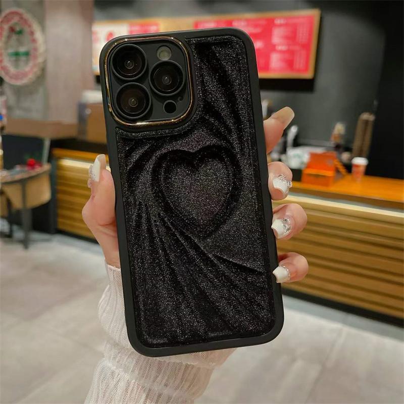 Luxury Fashion Velvet Love Heart Soft Silicone Phone Case For iPhone 15 14 13 12 11 Pro Max Shockproof Cover