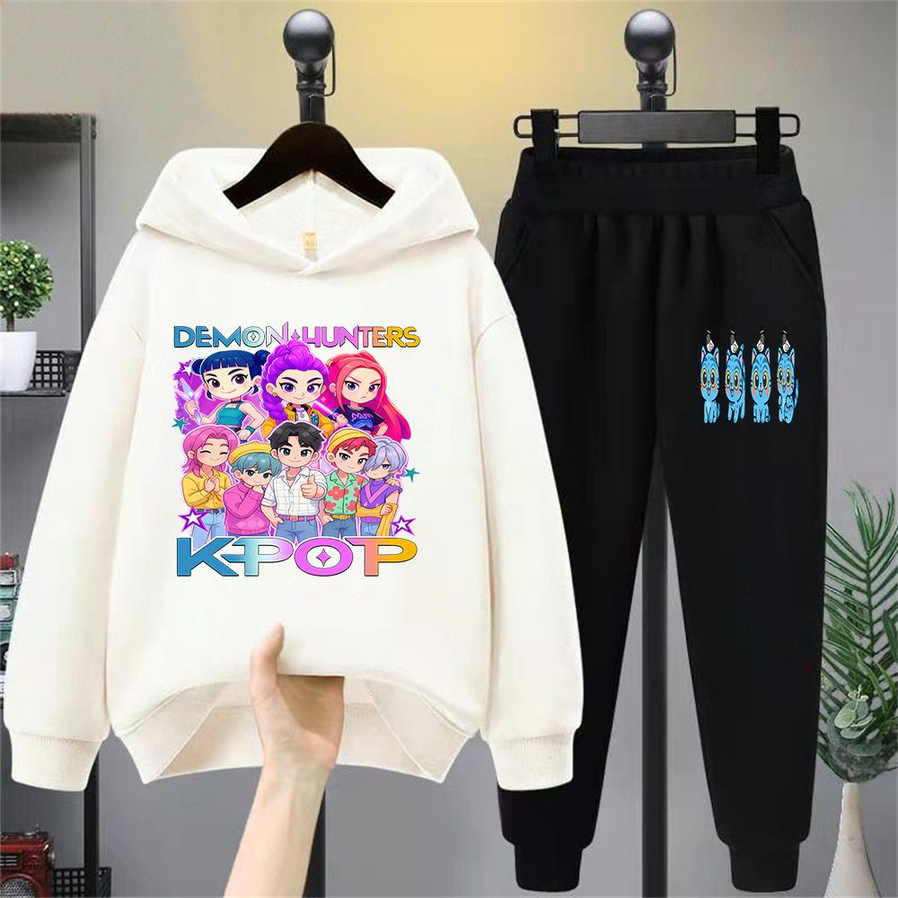 Kinder Dämonenjäger Kpop Cartoon Charakter Hoodie Set, Modisches Freizeit-Sweatshirt & Hosen Outfit für Kinder, Trendiger K - Pop Stil