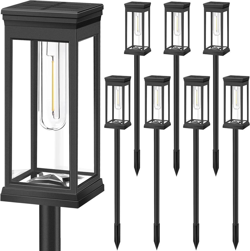Solar Garden Lights Outdoor, Tungsten Filament LED Pathway Lights, Square Ground Plug Landscape Lighting for Lawn Patio Yard