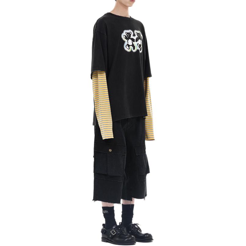 WE11DONE Solid Color Mid Rise Zipper Fly Loose Fit Cropped Denim Shorts Men shorts Black WD-PT0-25-234-M-BK