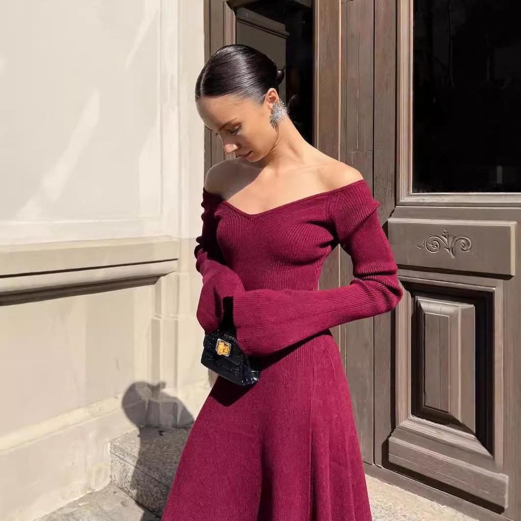 Off-Shoulder Long Sleeve Sweater Dress - Sexy Knit A-Line Short Skirt for Fall/Winter