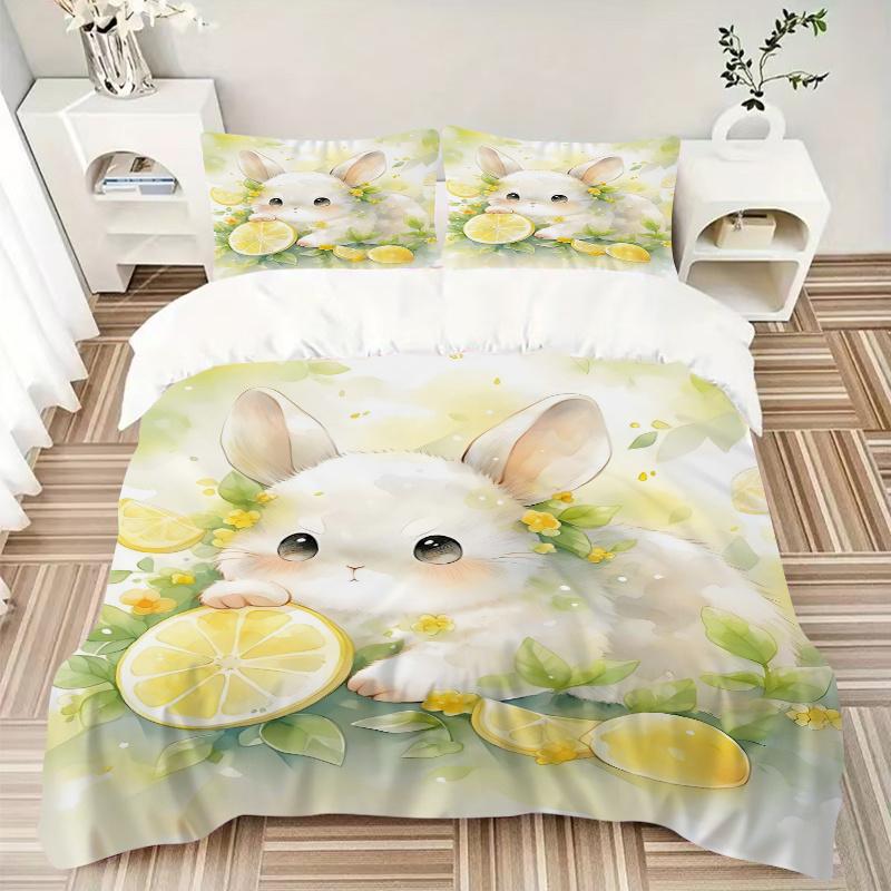 3pcs Lemons and Small Animal Bedding Set, Including 1 Quilt Cover and 2 Pillow Shams, Without Filling, Soft and Comfortable Home Bedroom Fab