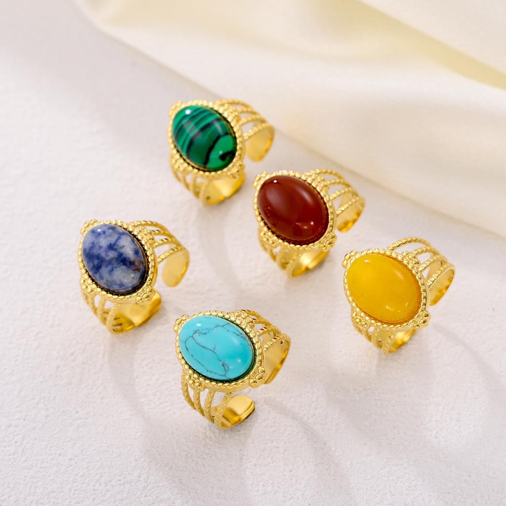 CARLIDANA Exquisite Colorful Rings Gold Plated Open Rings Stainless Steel Natural Red Turquoise Stones for Women Jewelry