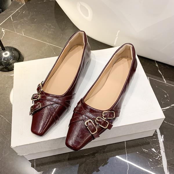 Fashion Shoes Woman Comfortable And Elegant Oxfords Buckle Strap Female Footwear Shallow Mouth Slip-on Square Toe Leather New Dress Slip
