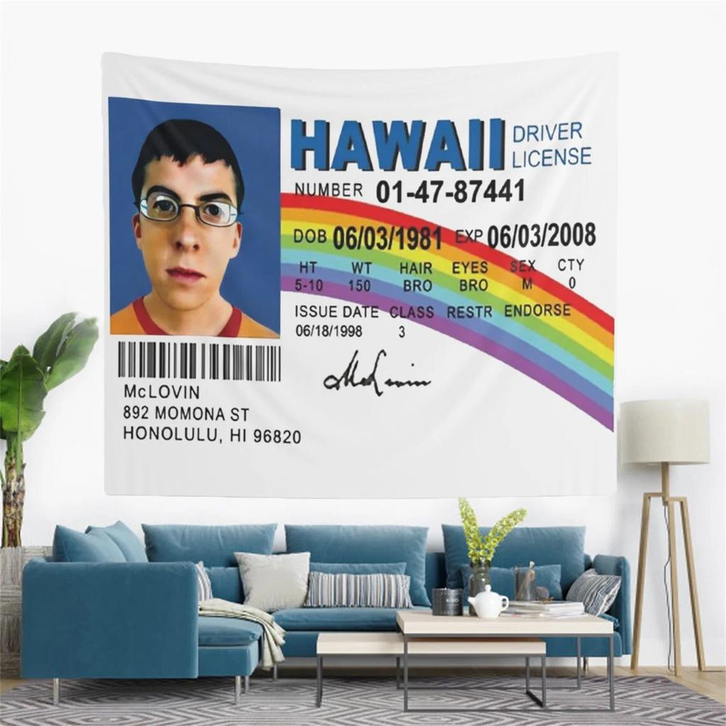 McLovin Fake ID Funny Wall Tapestry Hostel Dorm Decor Home Decoration Wall Hanging Bedroom Background Cloth Banner Room Decor