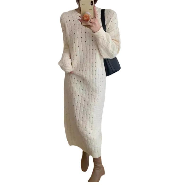 Temperament round neck loose knitted dress women's autumn and winter new fashion casual inside with backing sweater skirt