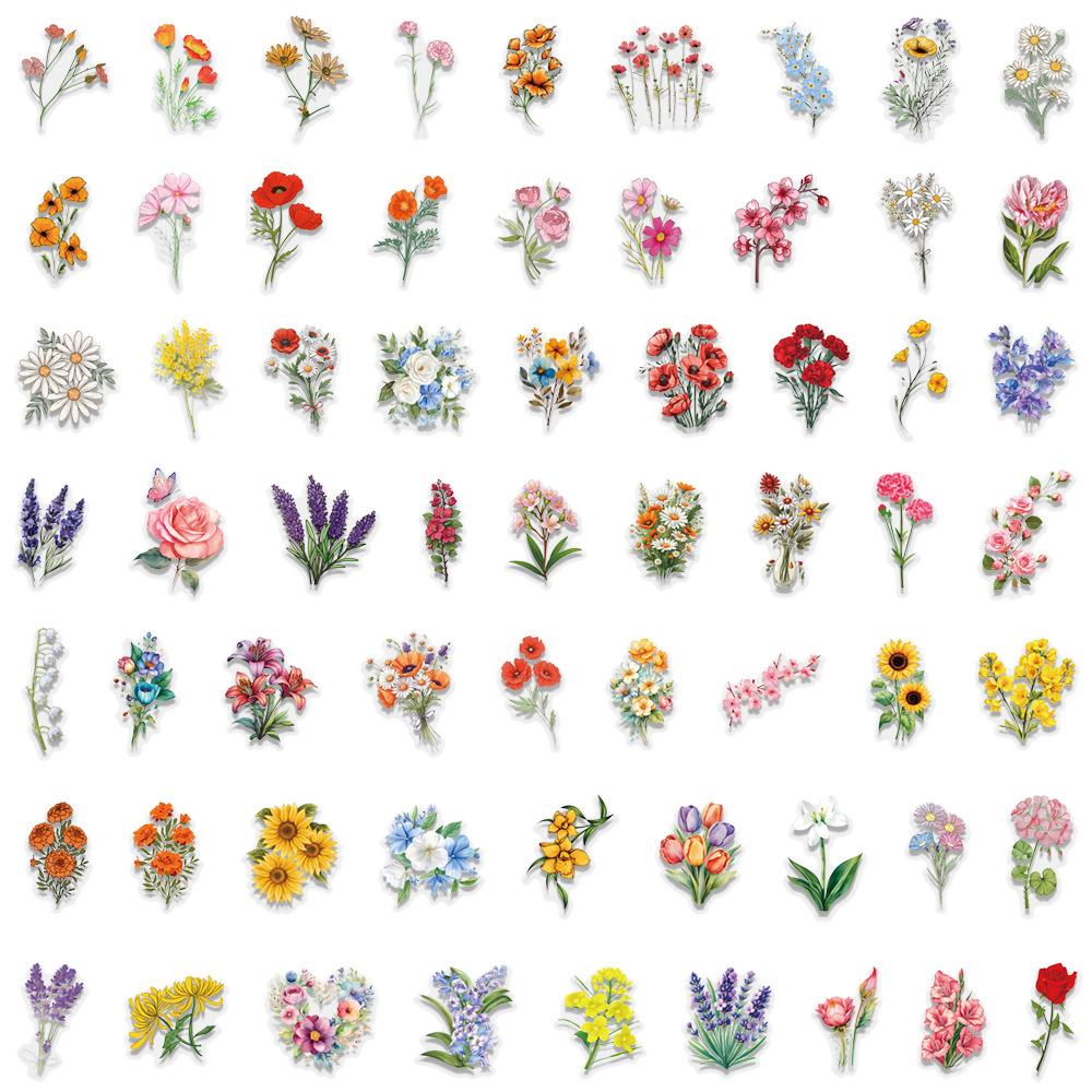 60 INS Ink and Flower Stickers Pack Waterproof Transparent PET Flower Material Decorative Guitar Notebook