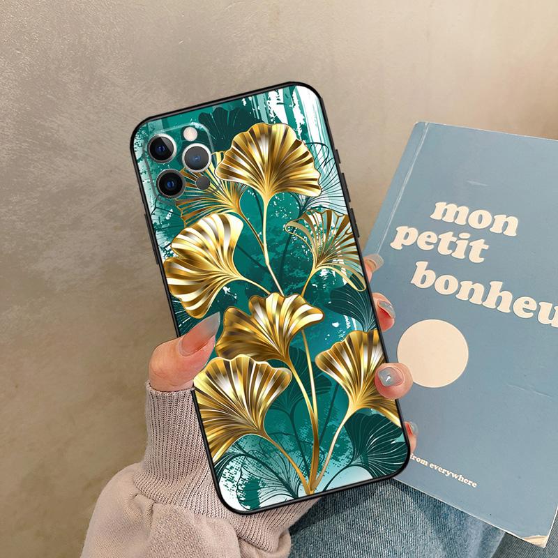Ginkgo Leaf Gold Fol Art Case For iPhone 17 Air 16 15 14 13 11 12 Pro Max 13 mini XR 15 16 Plus 16e Back Cover Shell