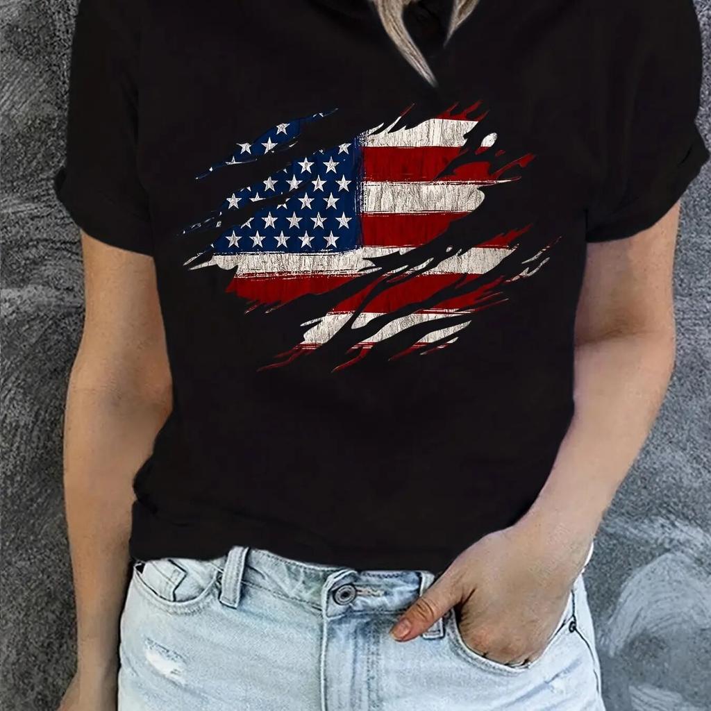American Flag Print T-Shirt, Independence Day Short Sleeve Crew Neck Casual Top For Summer & Spring, WoUnisex Clothing Unisex