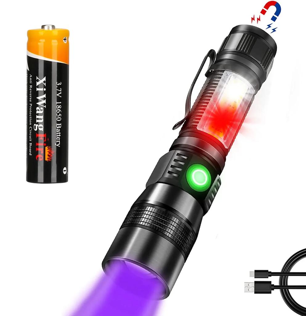 Powerful 3in1 LED Flashlight 365NM UV Light Flashlight Rechargeable Zoom Torch Pets Urine Stains Black Light Ultraviolet Lamp