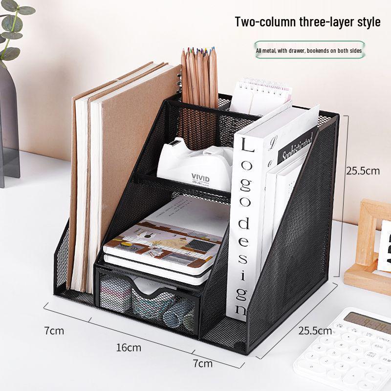 Wrought Iron Metal File & Pen Holder: Office File Rack & Bookshelf Organizer