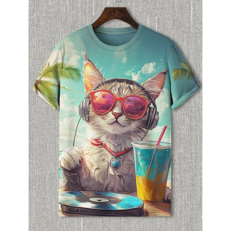 Vacation Cowboy Cat Pattern T Shirt For Men Cute Animal 3D Printed Tees Casual Short Sleeve Round Neck Tops Street T-Shirts XS