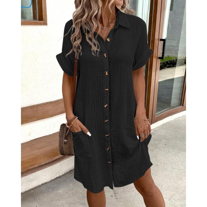 Summer Simple V Neck Button Cotton And Linen Dress Women's Loose Casual Shirt Skirt Suitable For Daily Commuting