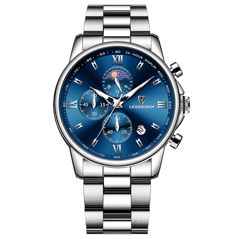 

LIGE Новые модные мужские часы светящиеся водонепроницаемые мужские кварцевые часы из нержавеющей стали синий/серебряный
