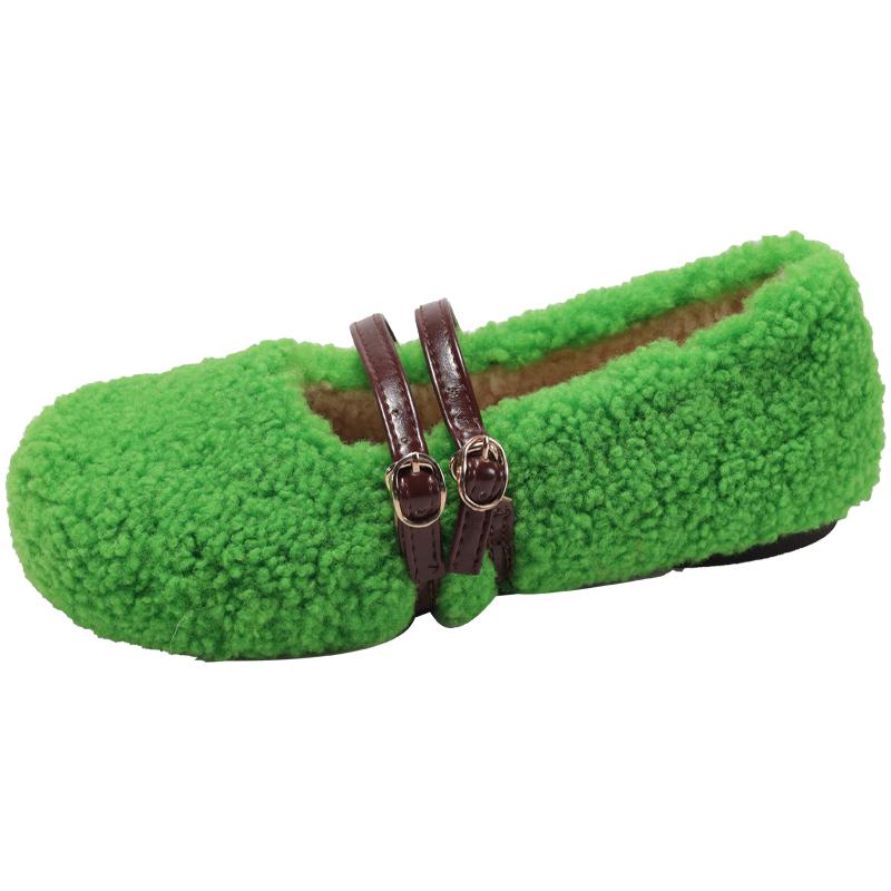 

Модные розово-зеленые балетки из овечьей шерсти с круглым носком, женские зимние теплые плюшевые лоферы на ремешке с пряжкой, дизайнерская марка, туфли Мэри Джейн из плюшевого меха 40 зелёный