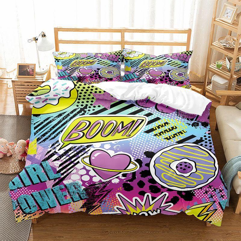 Graffiti Duvet Cover Set Cute Hip Hop Style Polyester Comforter Cover With Pillowcase Queen Full Size For Kid Teen Bedding Set