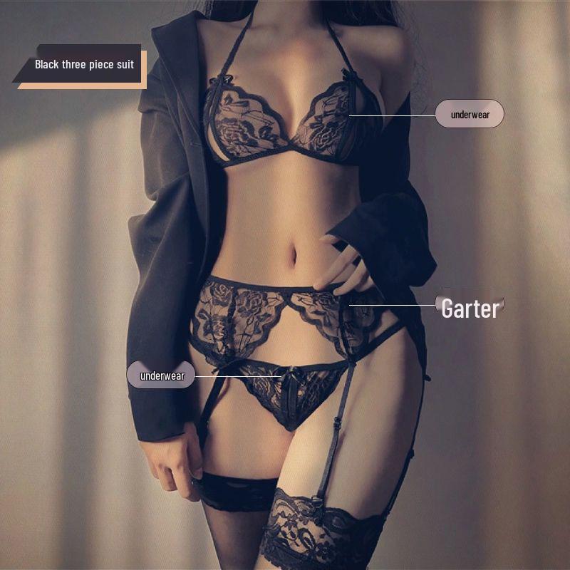 Seductive Lace Lingerie Set: Women's Sheer Bra & Panties with Split Design