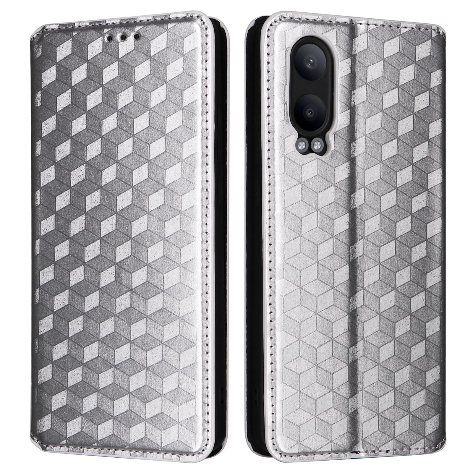 

For OnePlus Nord CE4 Lite 5G/Oppo K12x 5G (China) Case Leather Phone Cover Rhombus Pattern Strong Magnetic Silver