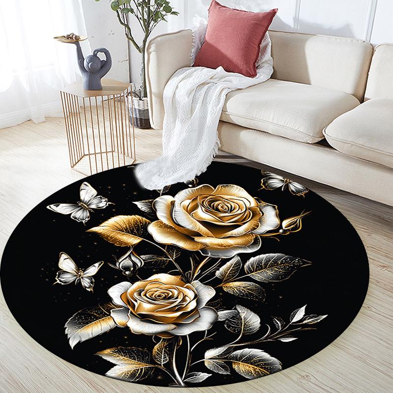 Golden Roses and Butterflies Round Area Rug,Carpet Rug for Living Room Bedroom Sofa Playroom Decor,Non-slip Floor Mat
