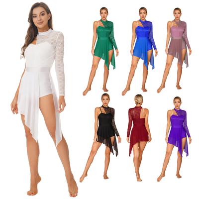 Damen Lyrisches Tanzkleid, One-Shoulder-Modern Ballettkostüm, asymmetrischer Saum, Trikotkleid