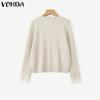 VONDA Autumn Winter Women Lace V Neck Long Sleeve Knitted Pullover Sweaters Jumpers