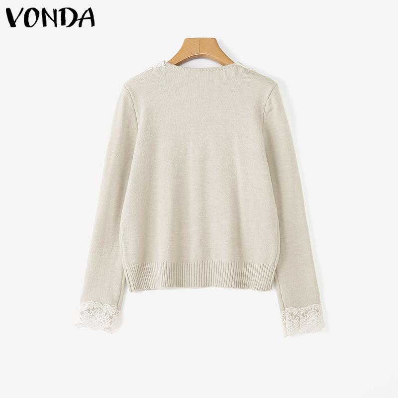VONDA Autumn Winter Women Lace V Neck Long Sleeve Knitted Pullover Sweaters Jumpers