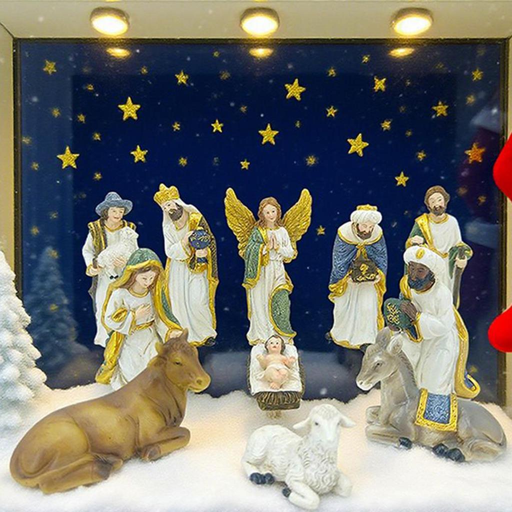 11pcs Christmas Jesus Birth Scene Set Resin Jesus Trench Statue Holy Baby Jesus Ornament Religious Christian Holiday Gift