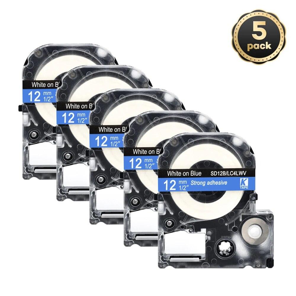 5 pachete 12 mm negru pe alb etichetă compatibilă Epson LC-4WBN / SS12KW SC12RW SC12YW ST12KW pentru imprimanta Epson LW300 LW400 500 600