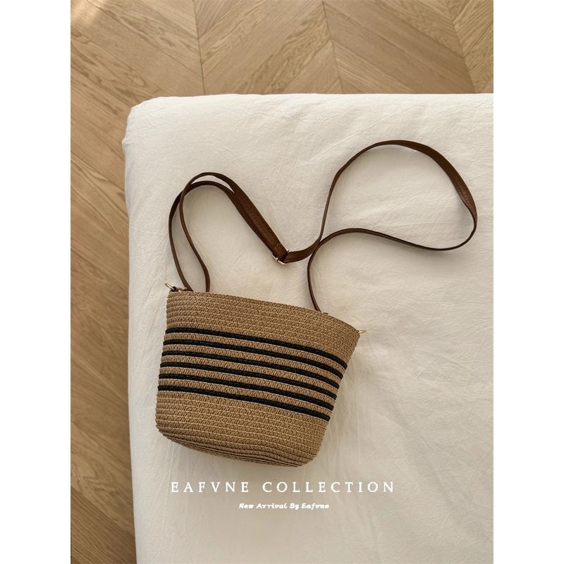 

Women s French Beach Bag Fancy Straw Woven Bag Khakis Stripes A