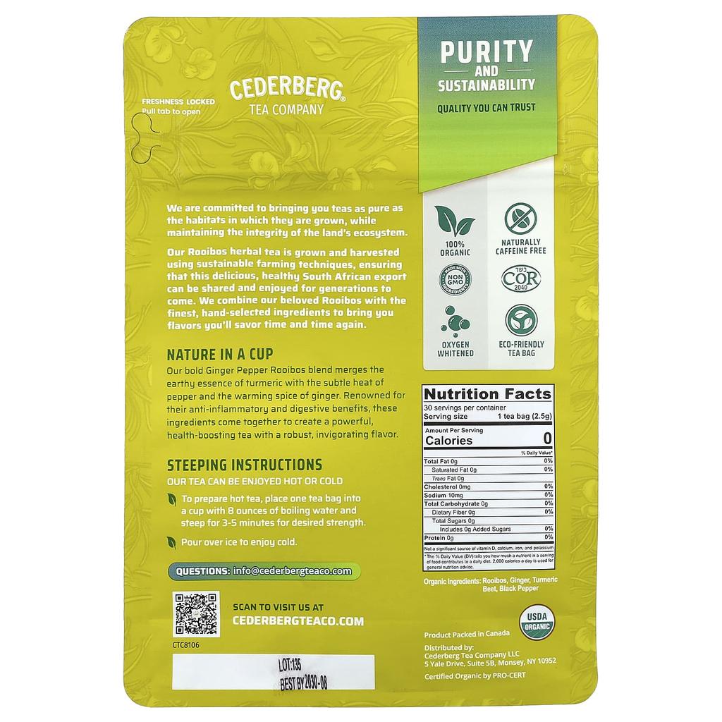 Cederberg Tea Co Ginger Pepper Rooibos with Turmeric, Caffeine Free, 75g (2.6oz)