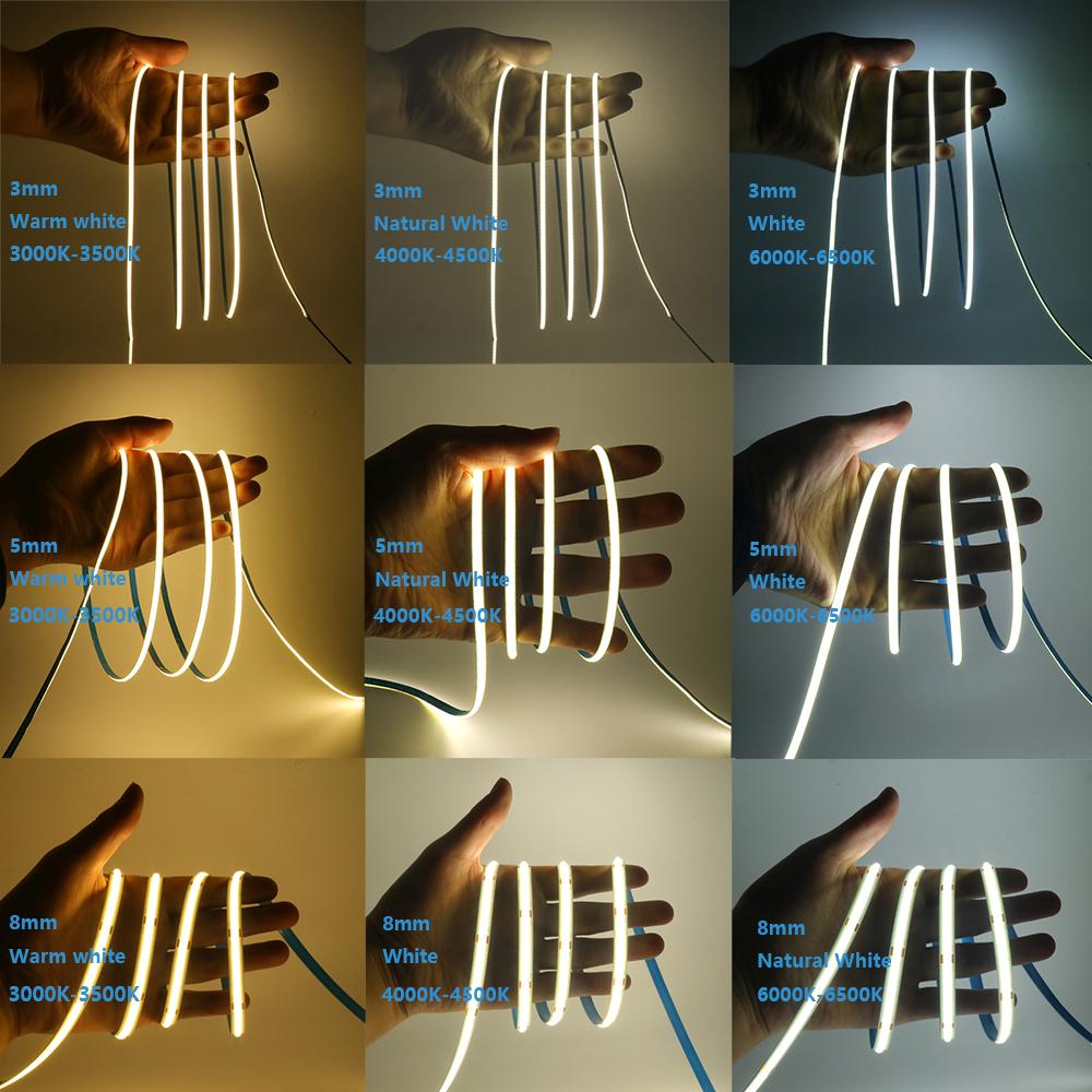 BMW 12V 24V 3mm 5mm PCB COB LED Strip Light 384LED/m 2Pin Wire/DC Plug High Density Linear Lighting 3000K 4000K 6000K 8mm Flex Tape