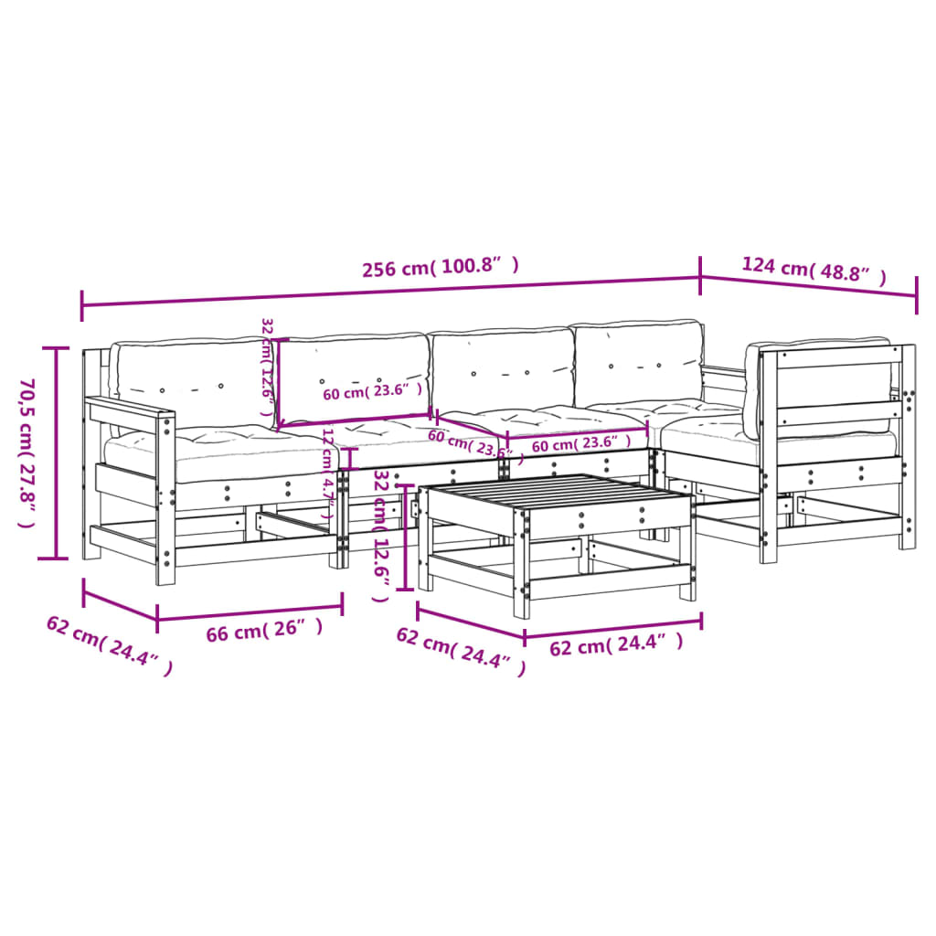 6 Piece Garden Lounge Set with Cushions White Solid Wood