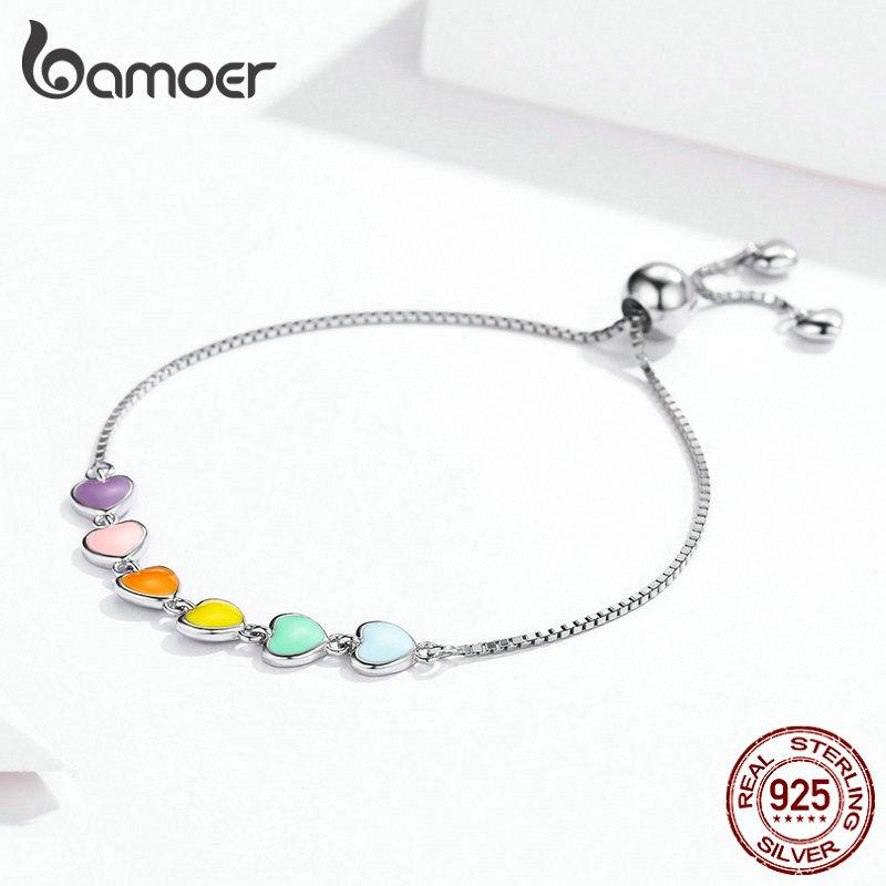 Bamoer Rainbow Color Enamel Heart Bracelet for Women Heart-shape 925 Silver Chain Bracelet Anti-allergy Jewelry SCB158